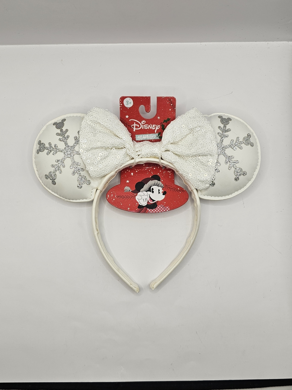 Disney Minnie Mouse Snowflake Ears Headband White Sequin Bow NWT